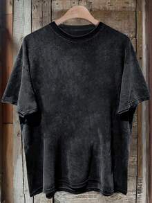 Top de manga corta estilo vintage en color sólido con acabado lavado y cuello redondo. - Gris Oscuro - Ver 2