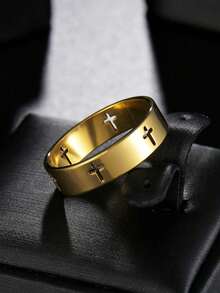 1 pieza Anillo de cruz de acero inoxidable para hombre, color dorado - Se recomienda pedir una talla talla grande grande - Dorado - Ver 7