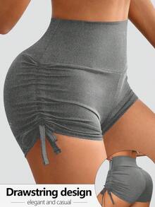 1pc Double-Sided Adjustable Drawstring Yoga Shorts, Heather Gray High Elasticity Tummy Control Butt Lift, All-Season Daily Home Wear Anti-Exposure Innerwear Can Be Worn As Outerwear Tight Fitting Safety Pants - Grey - View 1