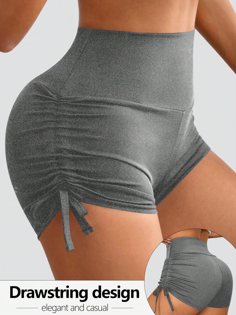 1pc Double-Sided Adjustable Drawstring Yoga Shorts, Heather Gray High Elasticity Tummy Control Butt Lift, All-Season Daily Home Wear Anti-Exposure Innerwear Can Be Worn As Outerwear Tight Fitting Safety Pants - Grey - View 1