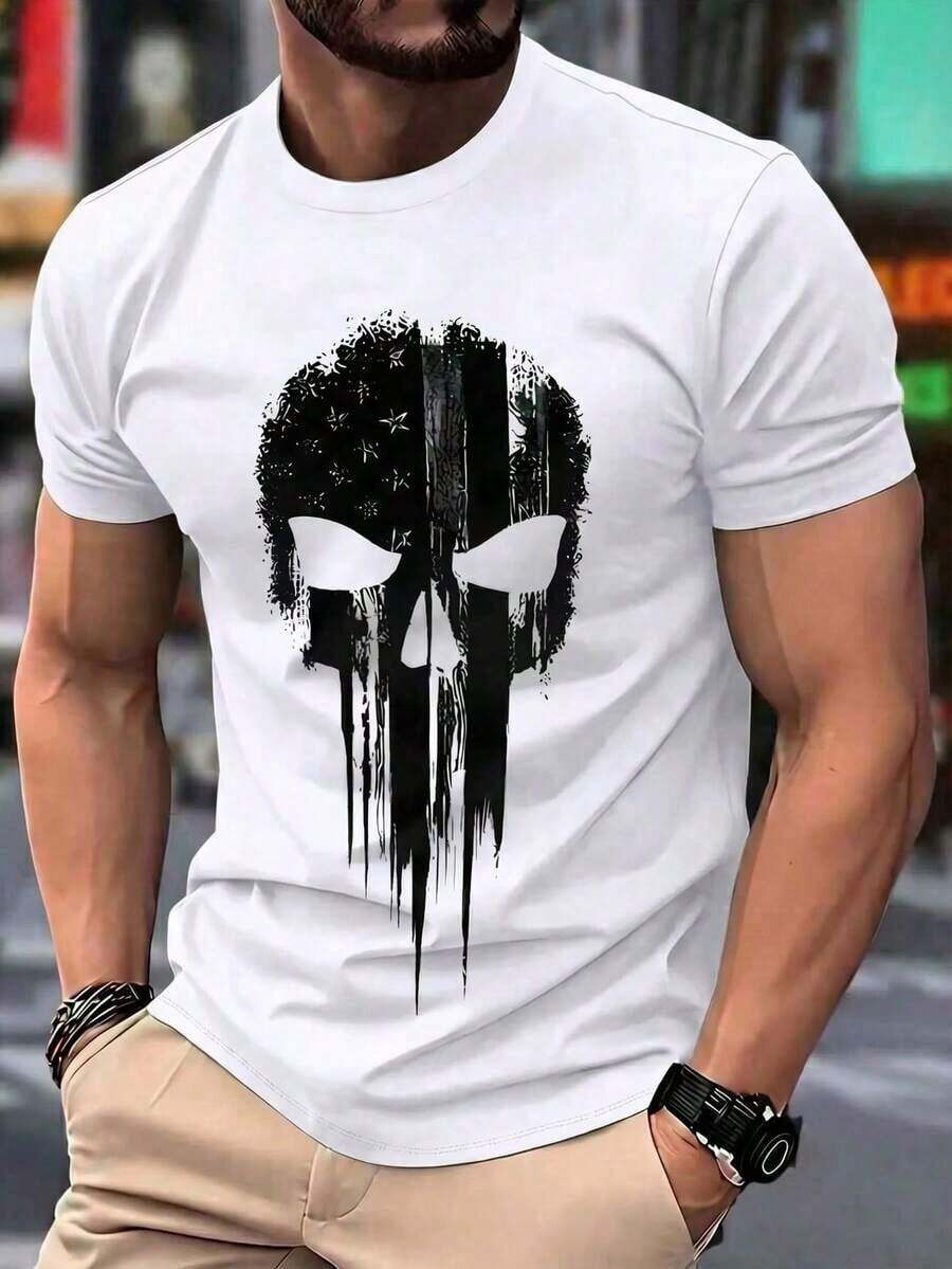 Camiseta casual de cuello redondo para hombre, hecha de tela de punto de poliéster con un ligero estiramiento, ajuste regular, decorada con estampado 3D de calavera y rayas patrióticas en los hombros, una camiseta gráfica novedosa. - Blanco - Ver 1