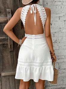 Vestido de mujer con parches, encaje en la espalda, nudo hueco, para vacaciones y playa - Multicolor - Ver 8