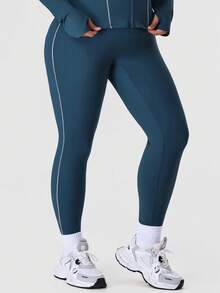 NcmRyu 1pc Women Plus Size Contrast Color Stripe Elastic Waist Skinny Sports Pants - Navy Blue - View 8