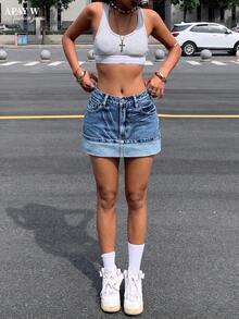 Women's Casual Everyday Washed Slant Pocket Bodycon Denim Skirt Summer - Dark Wash - View 10