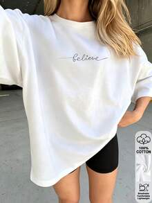 T-shirt décontracté pour femme blanc avec imprimé << Believe », épaules tombantes, manches courtes, col rond, top long en coton pour le streetwear quotidien, l'extérieur, Y2K - Blanc - Voir 9