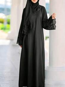 Women's Solid Color Lace Patchwork Contrast Trim Vacation Dress Black Spring - Black - View 2