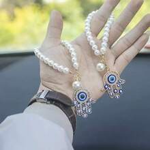1pc/2pcs Evil Eye Hamsa Hand Car Pendant With Pearl Chain. Durable Material, Symbolizes Protection And Luck. Easy To Hang, Universal For Most Cars, Nice Decor And Gift. - Multicolor - View 6