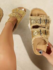 Women's New Thick Sole Slide Sandals, Bohemian Style Versatile Beach Shoes, Fashionable Tassel Vacation Casual Slippers For Summer - Gold - View 4