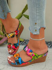 Sandalias de cuña de verano para mujer con suela gruesa y sin fatiga, elegantes y de moda, ligeras y de nuevo estilo, adecuadas para bodas, reuniones al aire libre, uso diario, ocio, fiestas, de material brillante con purpurina, hebilla decorativa de moda, suelas cosidas a mano - Multicolor - Ver 3