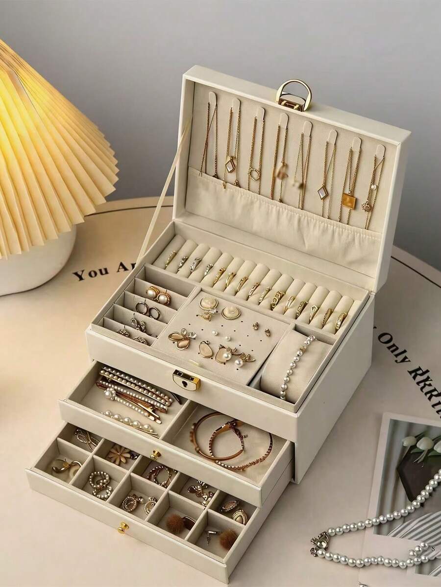 Hộp đựng trang sức 3 tầng dung tích lớn, hộp đựng trang sức di động có ngăn kéo, thích hợp để đựng nhẫn, dây chuyền, đồng hồ, bông tai, vòng tay.