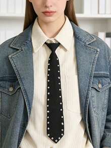1 pieza Corbata con cremallera y strass en forma de flecha, estilo preppy versátil para mujer - Negro con diamantes - Ver 3