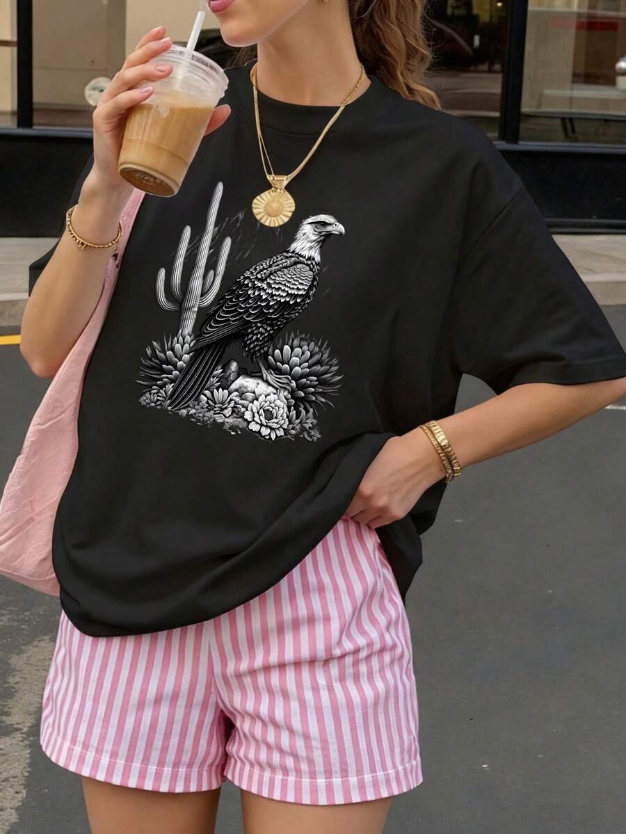 Camiseta Oversize Negra con Impresion de Aguila y Cactus para Verano - Negro - Ver 1