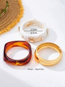 Set de 3 pendientes de aro de acrílico de moda con colgante de concha y perla incrustada, adecuado para uso diario y de fiesta de mujeres, set de pulseras apilables - Blanco - Ver 7