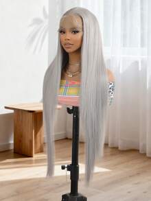 13*4 Inch Grey Long Straight Synthetic Hair Wig, 34 Inch Long Straight Hair With Baby Hair, Suitable For Daily, Party, Cosplay And Other Occasions, Valentine's Day Gift - Grey - View 4