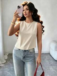 Top Sin Mangas con Lazo en la Espalda para Mujer - Color Albaricoque, Estilo Casual, Ideal para Viajes y Picnic de Primavera - Albaricoque - Ver 1