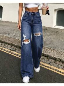 Jeans de Pierna Ancha con Roturas para Mujer - Azul Lavado Oscuro, Estilo Holgado, Ideal para Uso Diario y Día de la Independencia,con efecto desgastado y rotos, - Azul lavado oscuro - Ver 4