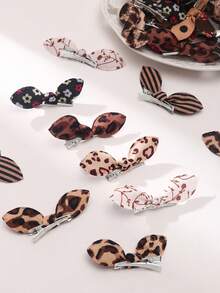 30pcs Girls' Beige Floral Bunny Ear Hair Clips, Brown Leopard Print Bow Hair Clips, Random Flower Patterns - Brown - View 3