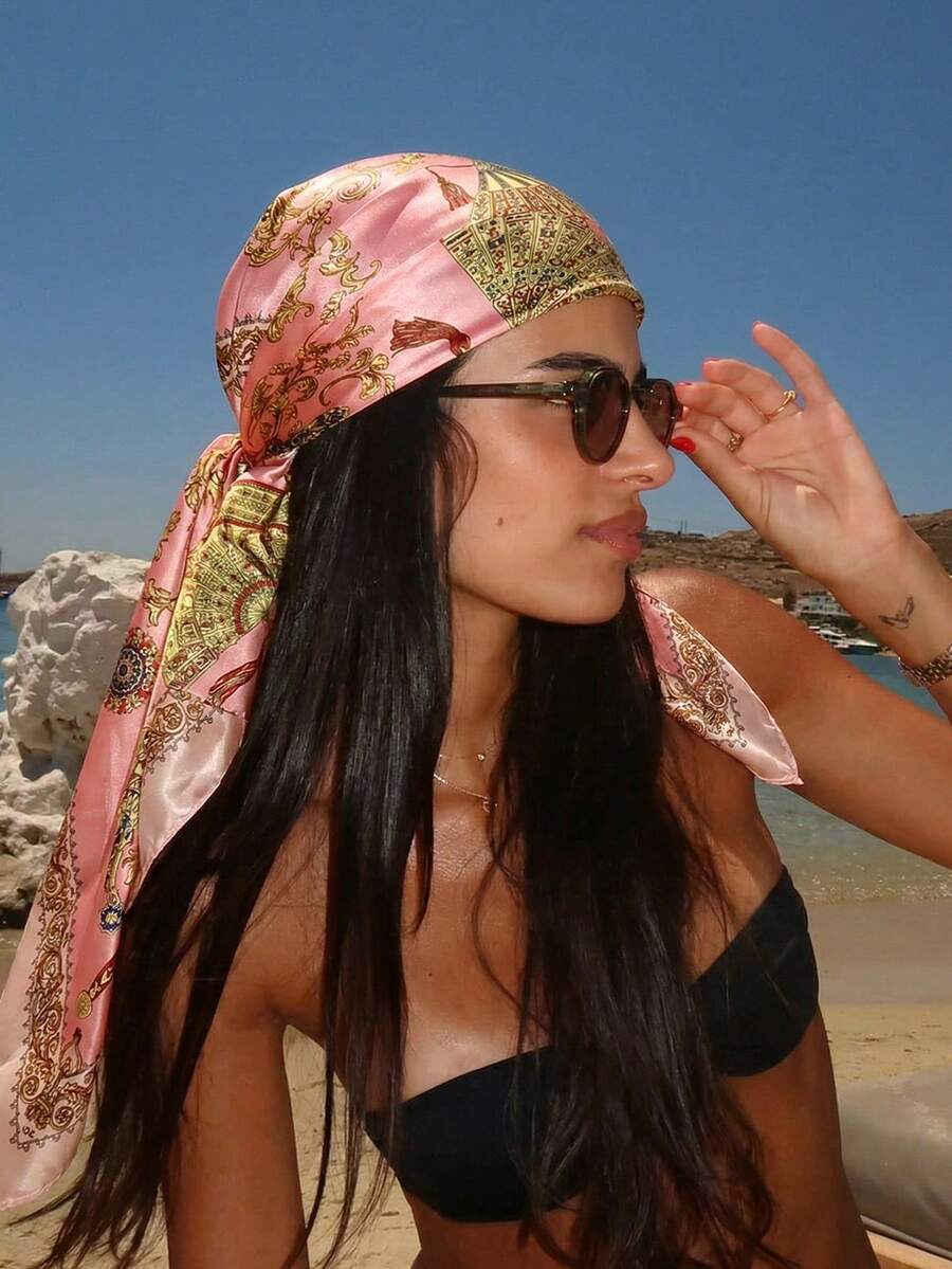 1条新款波西米亚风复古宫廷花卉印花女士头巾,时尚多功能围巾/披肩,防晒,适合日常休闲穿着,春夏皆宜,可作配饰或沙滩巾 - 粉色 - 查看 1
