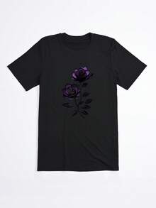 Camiseta Negra con Estampado de Rosa Púrpura para Mujer Verano Casual - Negro - Ver 2