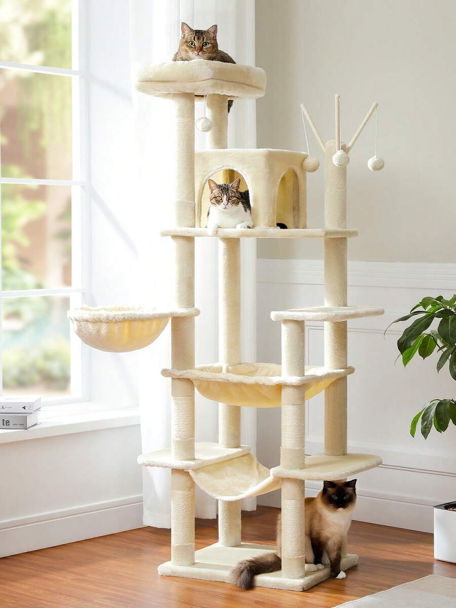 PAWZ Road 69'' Tall Cat Tree For Indoor Large Cats, Large Cat Tower For Fat Cats With Super Big [20X16] Hammock, Cat ClimbingTree Tower With Scratching Posts, Condo House And Large Top Perch,Beige - 米色 - 查看 1