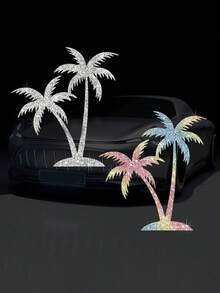4 piezas Pegatinas para espejo retrovisor con patrón de palmeras y isla - Decoración brillante y chispeante, fácil de aplicar y quitar sin dejar residuos, universal para automóvil, camión y motocicleta - Accesorios de automóvil con brillo - A - Ver 11