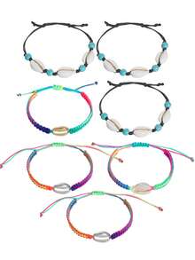 TopHanqi Set de bracelets colorés de style bohème, corde tressée faite main et perles de coquillages, accessoires polyvalents pour les vacances à la plage pour femmes - Multicolore - Voir 7