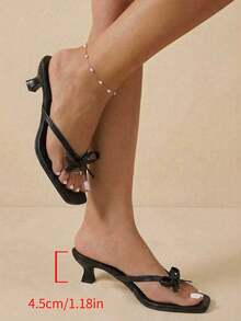 Women's Fashionable Bowknot Slip-On Square Toe Low Heel Black Summer Sandals, Suitable For Daily Commute, Dating And Other Occasions - Black - View 7