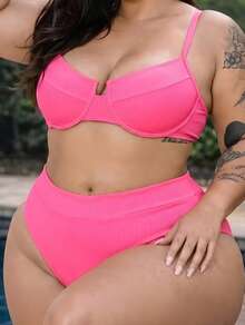 Plus Size Half Cup Bikini Set With High Waist And Adjustable Ties - Ana Ruga Women's - rosa neón - Ver 2