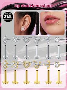 Flat Back Press-In Lip Stud, Screwless Personalized Nose Ring Medusa Lip Piercing Jewelry, Butterfly Heart-Shaped Zirconia Lip Stud Piercing Jewelry - Pole Type - View 3