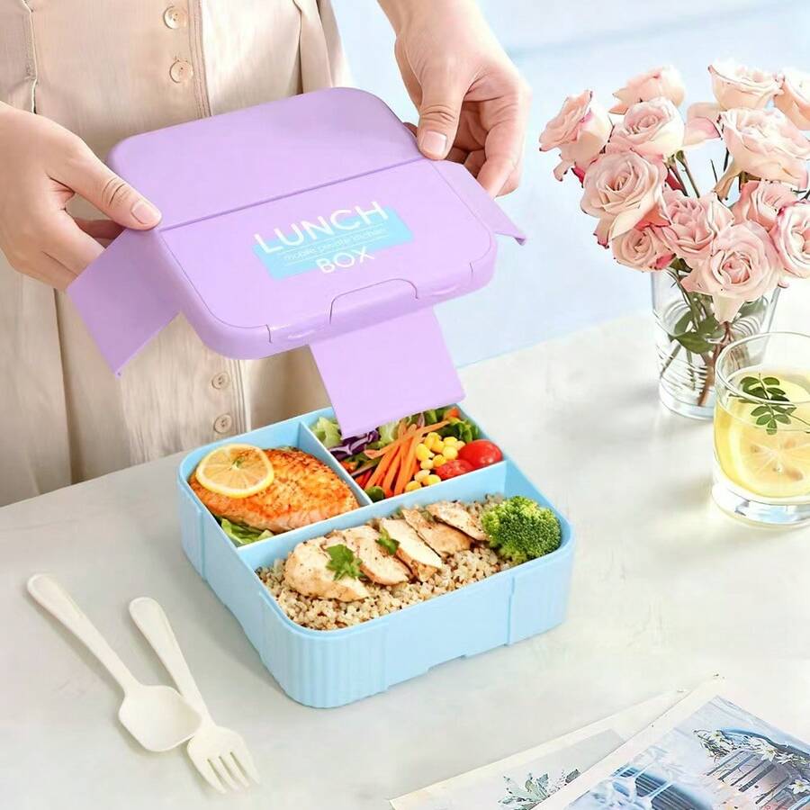 1 pieza Caja de almuerzo con múltiples compartimentos y utensilios incorporados, sello a prueba de fugas, adecuada para picnic, transporte, preparación de comidas