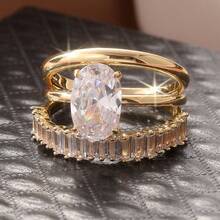 3pcs Set Elegant Stackable Rings With Sparkling Cubic Zirconia, Engagement/Wedding Rings, Luxury Jewelry For Formal Occasions - Gold - View 2