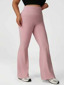 NcmRyu 1pc Women Plus Size Solid Color High Waist Lifting Flare Leg Pants Sports - Pink - View 9