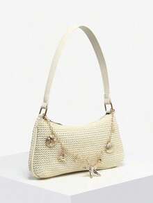 1pc Women's Vintage Resort Ocean Creature Faux Pearl Cherry Blossom Floral Faux Fur Tail Woven Crossbody Bag, Suitable For Dates, Outings, Vacations - 杏子 6 - 查看 3