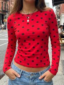 Women Long Sleeve Shirts Dots Print Slim Fit Tops Basic Tee 2025 Fall Outfits Casual T-Shirt Underscrubs Layer Clothes - Red - View 1