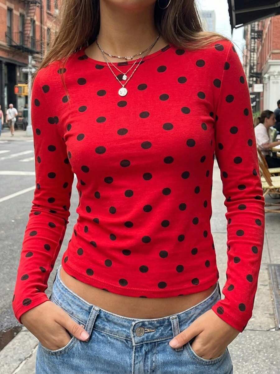 Women Long Sleeve Shirts Dots Print Slim Fit Tops Basic Tee 2025 Fall Outfits Casual T-Shirt Underscrubs Layer Clothes - Red - View 1