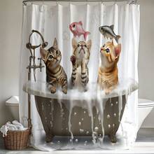 1pc 2D Planar Shower Curtain Cute Cat Design Waterproof Bathroom Decor Modern Bath Curtain Durable Polyester Fabric Fun Animal Print Bathtub Accessory - Multicolor - View 6