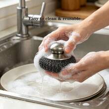Bộ 5 miếng cọ rửa bằng len thép có tay cầm - Bộ miếng cọ rửa bằng thép không gỉ dùng để làm sạch chảo gang, chảo rán, vỉ nướng, bồn rửa (1 bàn chải + 4 miếng cọ) - 5 cái - Xem 5