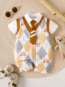 Newborn Baby Boys Girls Cute Cartoon 3D Ear Monster Embroidery Patchwork Romper Jumpsuit, Summer - Khaki - View 1
