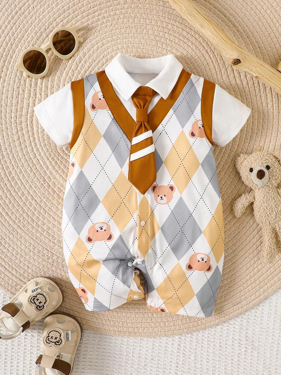 Newborn Baby Boys Girls Cute Cartoon 3D Ear Monster Embroidery Patchwork Romper Jumpsuit, Summer - Khaki - View 1