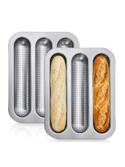 1/2pcs Non-Stick Perforated Baguette Baking Tray, 3-Slot French Bread Baking Pan, Carbon Steel Baguette Tray, Suitable For Professional And Home Bakers, Sourdough, Italian Bread Baking, Kitchen Baking Accessories, High-Quality Non-Stick Coating, Easy Release, Easy Cleaning, A Great Helper For Bread Baking