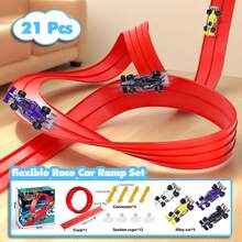 12.8-Foot Flexible Racing Track For Kids, Suitable For 1:64 Die-Cast Car Toys, Roll-Up Portable Track, Comes With 4 Cars And Suction Cups, Suitable As A Birthday Or Christmas Gift For Boys And Girls Aged 3 And Up. - Red - View 3