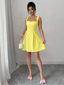 Vestido casual de mujer con parches de unicolor, tirantes anchos y cuentas - Amarillo claro - Ver 5