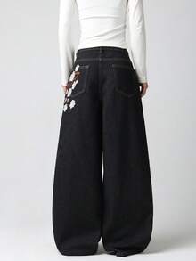 1 pezzo Jeans in denim stile coreano da donna, pantaloni lunghi casual larghi per tutte le stagioni (questo prodotto non include cintura/accessori) Bianco - Bianco - Visualizzare 3