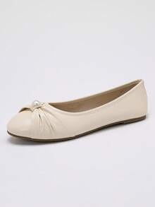 Ballet Shoes, Round Toe Pearl Bow Tie Wrinkle Design, Versatile Low-Top Soft Bottom Comfortable Lightweight Low Heel Slip-On Shoes, Suitable For Work, Travel, Vacation, Party, Dress Matching, Beige Loafers - Beige - View 10