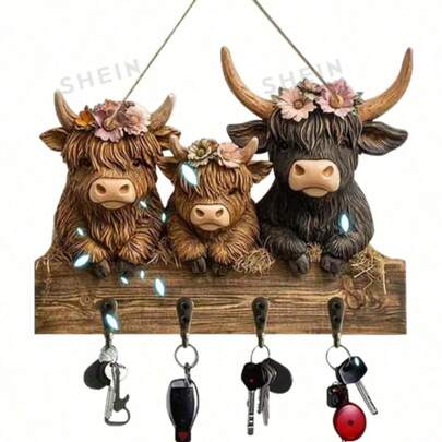 Highland Cow Shaped Wooden Key Rack 2D Cow Head Wall Mounted Hook Animal Themed Hanging Decorative Rack