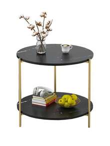 Round Side Table Made Of Composite Wood With A Marble-Effect Texture, Modern Minimalist Side Table For Sofa, 2-Tier Storage Unit - 黑色 - 查看 9