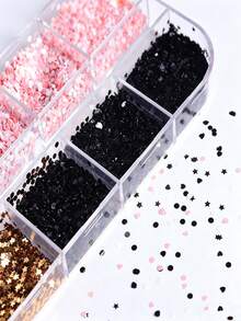 12 Pcs Mixed Color Nail Sequins Set - Mini Heart, Star, Dot Glitters In Black, Pink, Gold, Sweet & Cool Style DIY Nail Art Decorations - Multicolor - View 7