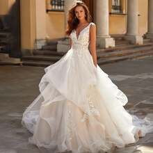 Elegant Sexy V Neck Sleeveless Layer Lace Appliqué A Line Tulle Formal Wedding Dress,Registry Office Dresses Bridal Gown,Evening Party Dress Birthday Party Dress Country Wedding,Romantic Church Ceremony Wedding Dress,Suitable For Wedding,Dating,Party,Singles' Party,Vacation,Formal Occasions,Dinner Dress,Prom Dress,Homecoming Dess,Cocktail Party,Wedding Guest Dress,Graduation - trắng - Xem 5