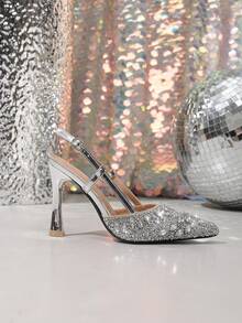 Elegant Women's High Heel Sandals, Fashion, Casual, Comfortable High Heel Sandals With Guiding Track Heel Cushion, Suitable For Outdoor Activities, Solid Color Glossy Glass Heel, Fashion Casual Outdoor First Choice Women's High Heel Shoes, Outdoor Party Solid Color Sexy Basic Elegant Party Wedding Glamorous TPU Hot-Pressed Stiletto High Heel Beach Holiday Wedding Party Outdoor All Season - Silver - View 4