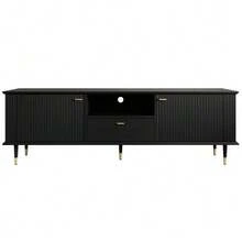 TV Unit With Open Compartments And Drawers, Textured Lacquered Surface, Soft-Close Hinges. - Black - View 6